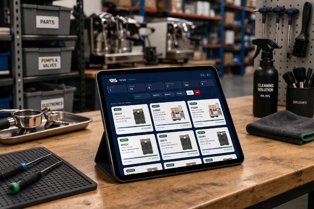 ARS Flows — tablet on workbench showing dashboard