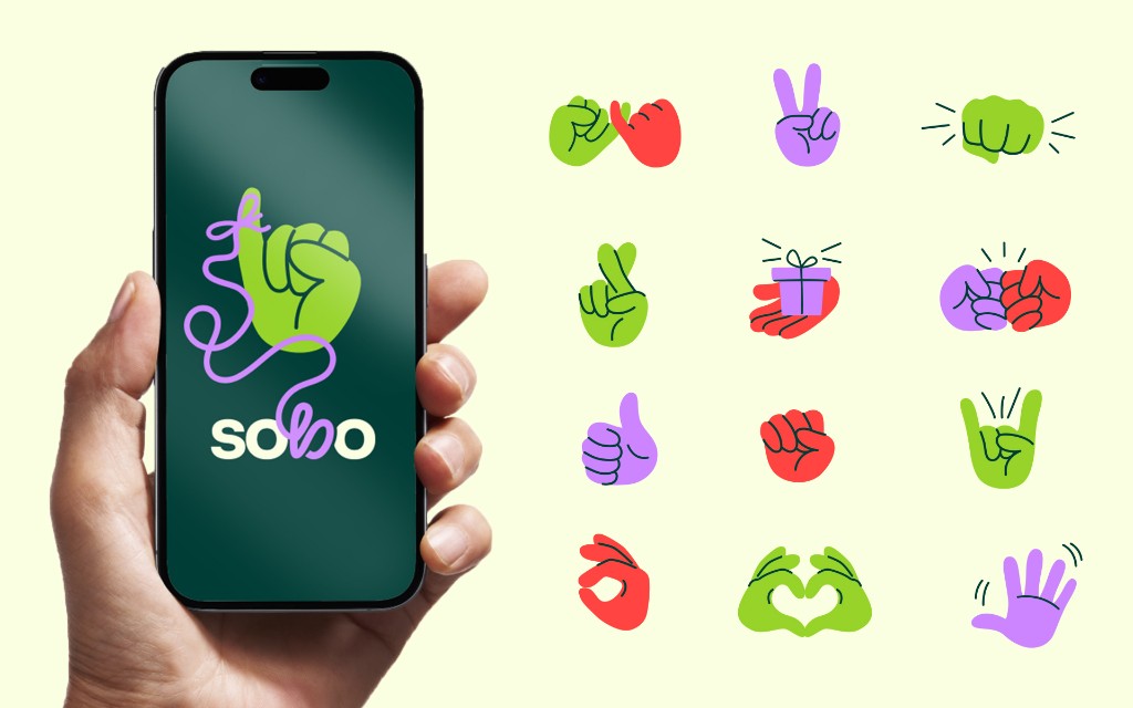 SoBo App — phone mockup with illustrations
