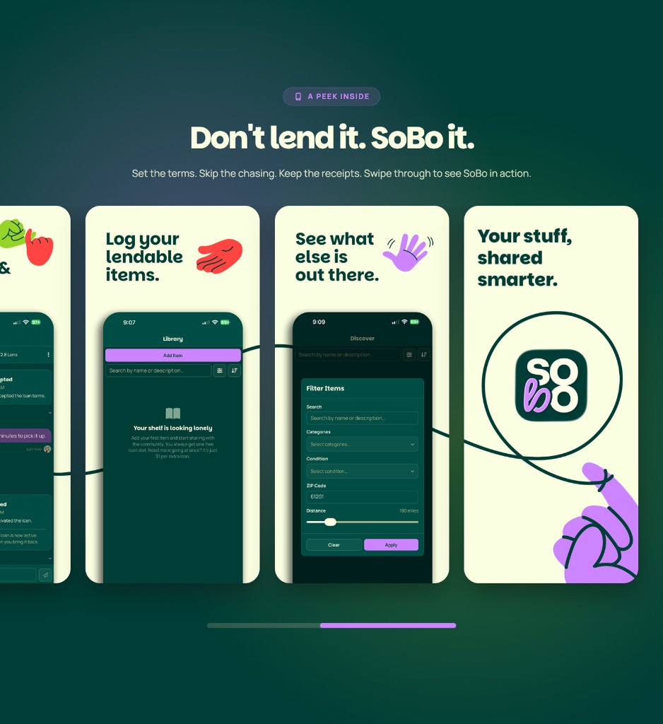 SoBo — App screens: loans, library, discover, and filters