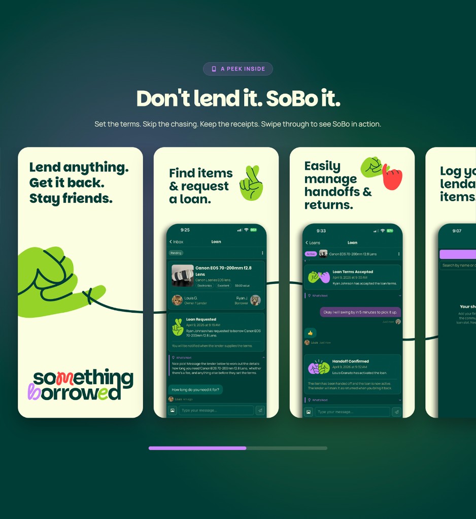 SoBo — A peek inside: request a loan, manage handoffs and returns, log lendable items