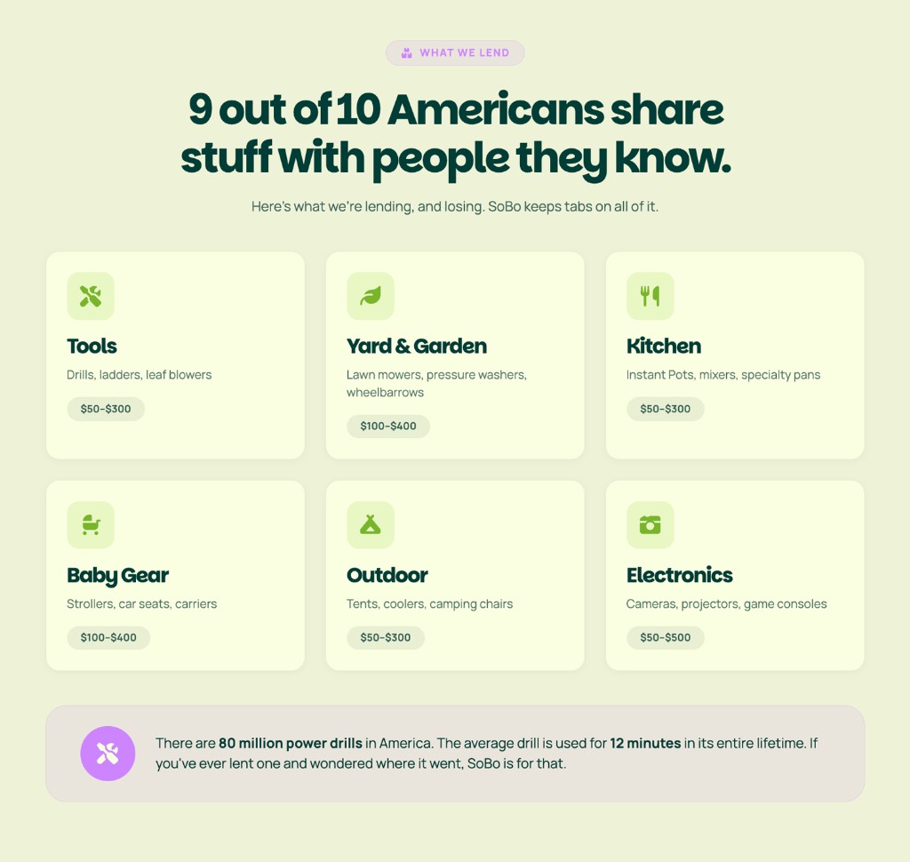 SoBo — What we lend: tools, yard, kitchen, baby gear, outdoor, electronics