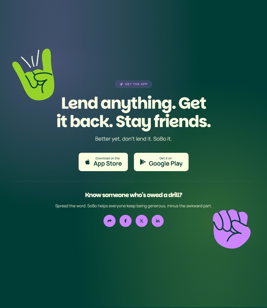 SoBo — Lend anything. Get it back. Stay friends. Download on App Store and Google Play